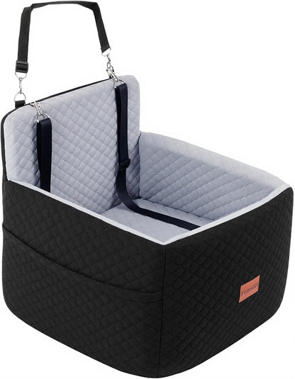 Dog Car Seat for Small & Medium Dogs Under 35lbs, Detachable & Washable Pet Car Seat, Interior Height 6 Inches Pet Travel Bed with Storage Pockets and 2 Dog Safety Belts (Black/Gray)