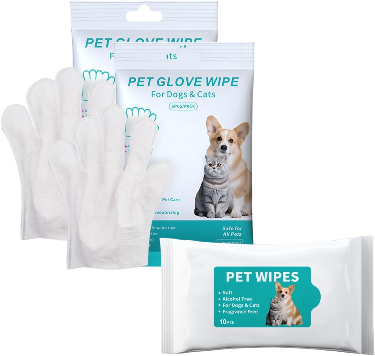 Disposable pet Cleaning Gloves Wet Wipes, Suitable for Daily Cleaning and Travel use. Two Packs of unscented Glove Wet Wipes (Green Packaging, 12 Pieces Each) + 1 Pack of Wet Wipes (as a Gift)