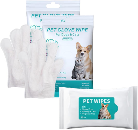 Disposable pet Cleaning Gloves Wet Wipes, Suitable for Daily Cleaning and Travel use. Two Packs of unscented Glove Wet Wipes (Green Packaging, 12 Pieces Each) + 1 Pack of Wet Wipes (as a Gift)