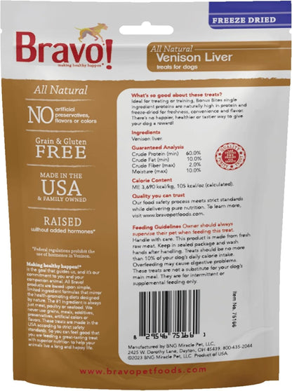 Bravo! Bonus Bites Single Ingredient Freeze Dried Raw Dog Treats, Venison Liver, 3 Ounce, High Protein, Grain Free, Gluten Free