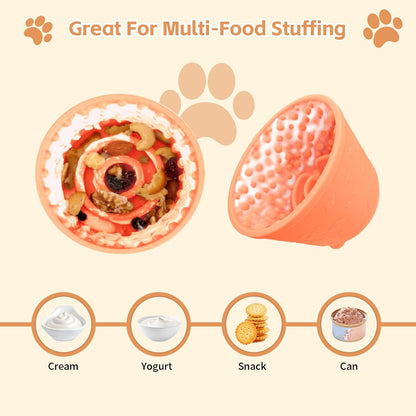 Dog Lick Bowl with Brush and Scraper, Anxiety Relief Silicone Slow Feeder Treat Dispenser, Anti-chocking Pet Dish, Non-Slip Interactive Entertainment Dog Puzzle Toy for Medium & Large-Light Orange