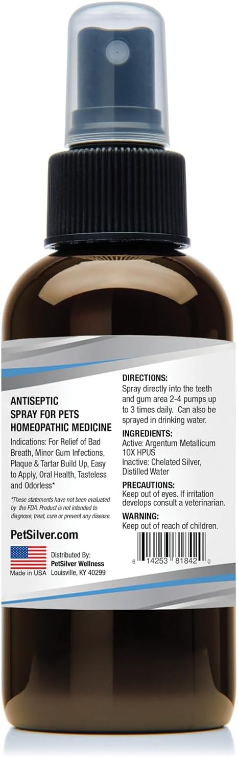 PetSilver Teeth & Gum Spray - Dog Dental & Teeth Cleaning Spray for Plaque & Tartar Build-Up Reduction - Natural Breath Freshener for Dogs and Cats - Patented Chelated Silver - Made in The USA - 4 oz