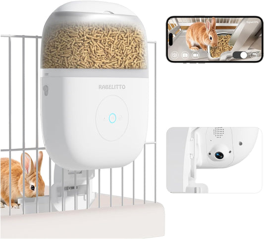 Hanging Automatic Rabbit Feeder with 1080P HD Camera,WiFi Smart APP Control 1-10 Meals A Day, 62oz Storage, Multiple Pet Cage Compatibility, Small Animal Food Dispenser for Bunny Chinchilla Guinea Pig