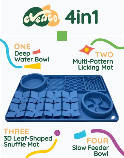 Slow Feeder Bowl Bundle: Blue 4in1 Licking mat (15.75" x 10.5" x 1.2") + Mint Green Starry Sky Feeder (4.3" x 2.9"), Silicone Lick mat with Suction Cups for Slow Eating and Keep Busy