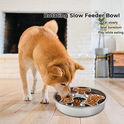 Stainless Steel Rotating Bone-Shaped Slow Food Bowl, 304 Grade Anti-Spill Pet Feeder for Dogs and Cats