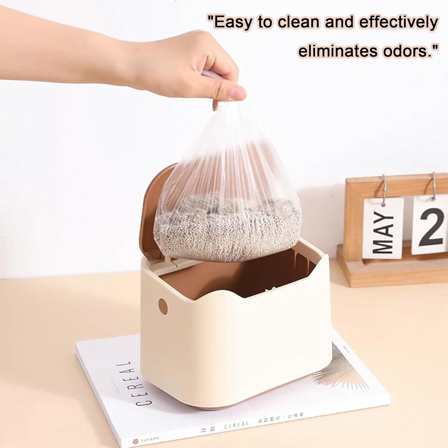 Cat Litter Trash Can Mini Countertop Trash Can with Press Type Lid Cat Poop Trash Can Includes 50 Refill Bags (Dark Brown)