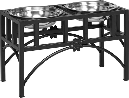 GREAZ Elevated Stainless Steel Dog Food Bowl Station for Medium Dogs, Heavy Duty Design, Non-Slip Easy Clean, Black