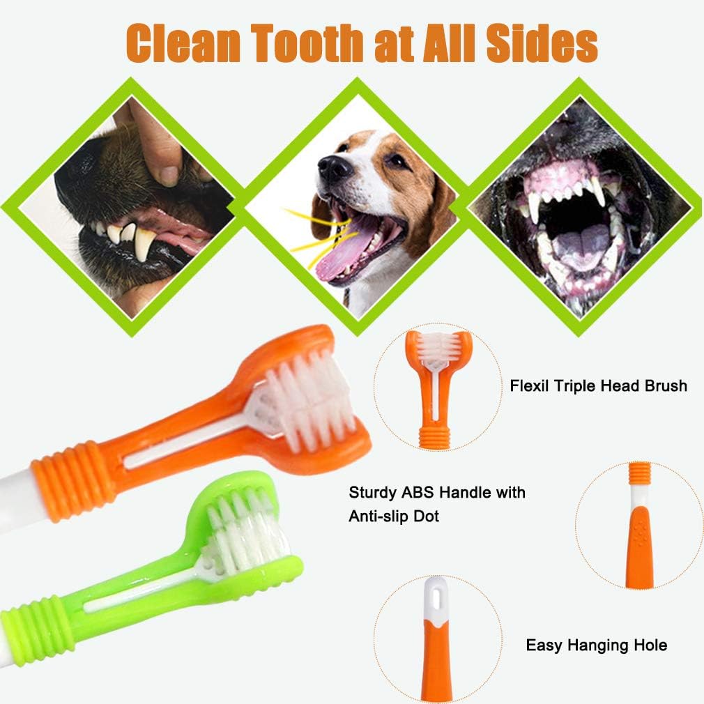 10 Pack Pet Dog Toothbrush, 2 Triple Head Pet Toothbrushes 3 Double Head Tooth Brush 5 Pack Finger Rubber Toothbrushes, Multi-Angle Dental Cleaning Brushes for Dog Cat Oral Dental Health