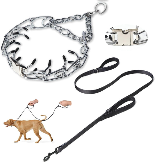 Prong Collar for Dogs,Dog Training Collar with One Professional Training Leash,Adjustable Pinch Collar with Quick Release Metal Buckle, No Pull Choke Collar for Small Medium Large Dogs（Silver, XL）.