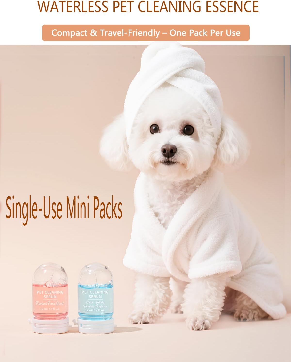 Waterless Dog & Cat/Kitten Shampoo – Odor Control, Safe to Lick, Plant-Based, No Bath Needed – Stain Remover – 8 x 0.41 fl oz (12ml) Travel Tubes – 4 Calming Scents – Ideal for Sensitive Pets