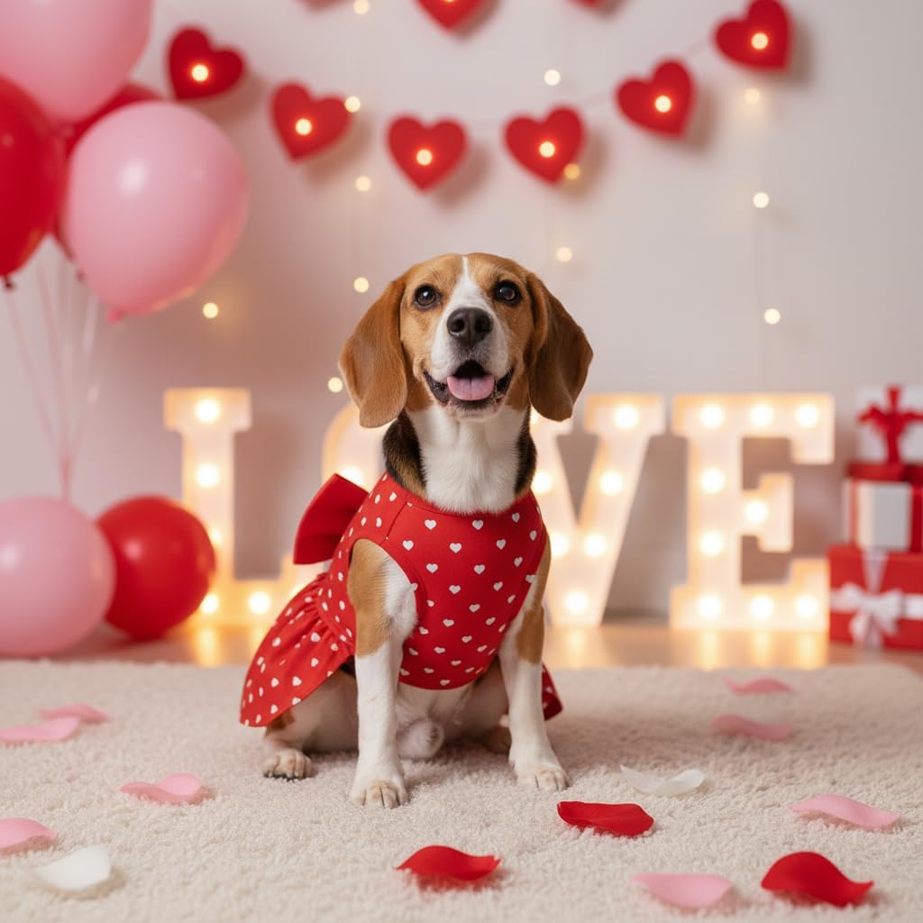 Valentine's Day Red Dog Dress, Cute White Heart Print & Satin Bow for Small Puppies, Pet Costume Party Outfit