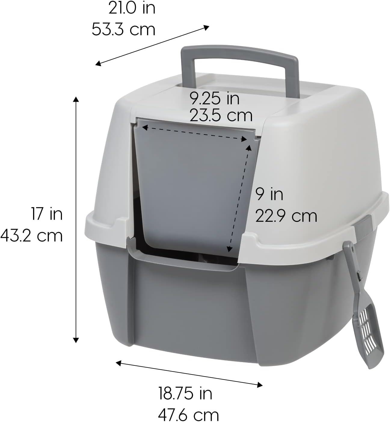 IRIS USA Cat Litter Box, Large Litter Box Enclosure with Front Door Flap and Scoop, Covered Kitty Litter Box with Handle and Buckles for Portability and Privacy, Gray