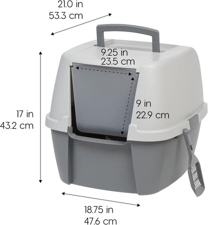 IRIS USA Cat Litter Box, Large Litter Box Enclosure with Front Door Flap and Scoop, Covered Kitty Litter Box with Handle and Buckles for Portability and Privacy, Gray