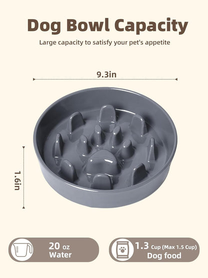Dog Slow Feeder Bowl, Round Ceramic Pet Food Bowl for Medium Breed, Fun Raised Dog Bowls to Slow Down Eating (Grey, M-1.3 Cups)