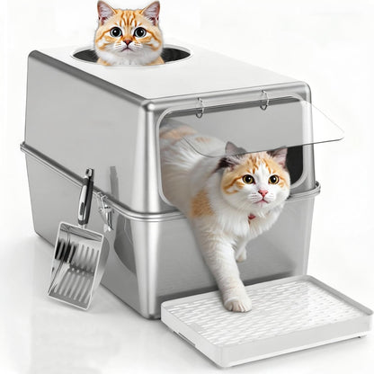 XXL Stainless Steel Sifting Litter Box for Pine Pellets | 16” High Sides, Enclosed & Dog-Proof Cat Litter Box System Metal Sifter Litter Pan System for Big Cats,Odor Control,Easy to Clean