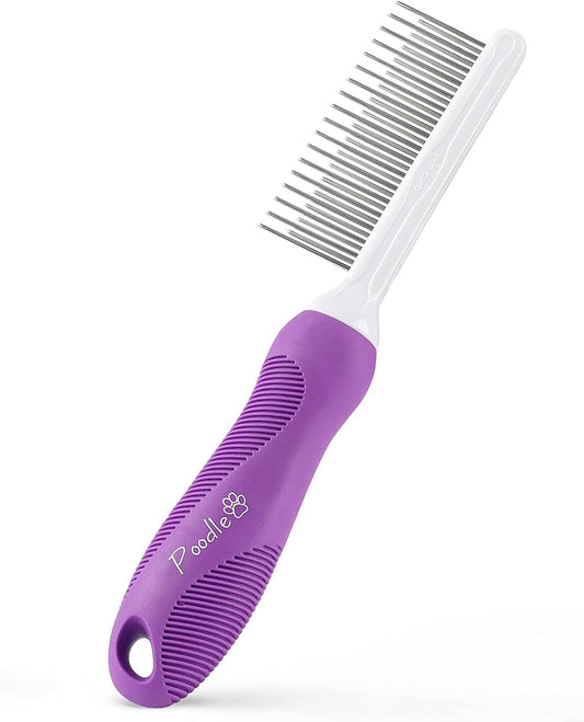 Poodle Pet Detangling Pet Comb with Long & Short Stainless Steel Teeth for Removing Matted Fur, Knots & Tangles – Detangler Tool Accessories for Safe & Gentle DIY Dog & Cat Grooming