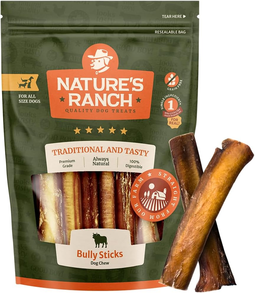 Nature's Ranch Odor-Free Thick Bully Sticks for Medium and Large Dogs 5-6 Inch, 10 Count – Natural, Rawhide-Free, Long Lasting Dog Chews, Single Ingredient, Fully Digestible Treats