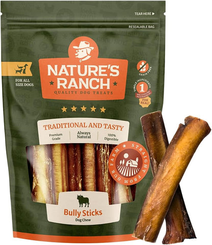 Nature's Ranch Odor-Free Thick Bully Sticks for Medium and Large Dogs 5-6 Inch, 10 Count – Natural, Rawhide-Free, Long Lasting Dog Chews, Single Ingredient, Fully Digestible Treats
