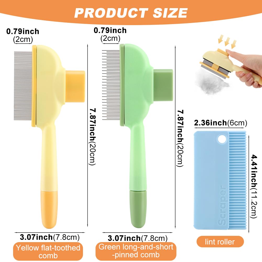 Pet Comb for Dogs Cats Brush, Flea Comb with Long Short Stainless Steel, Self-Cleaning Pet Brush for Shedding