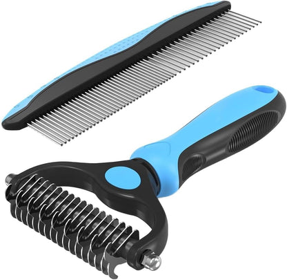 Professional Dog & Cat Grooming Kit - 2-in-1 Deshedding Brush & Dematting Comb for Long Haired Pets, Detangle Matted Fur, Reduce Shedding, Stainless Steel Tools