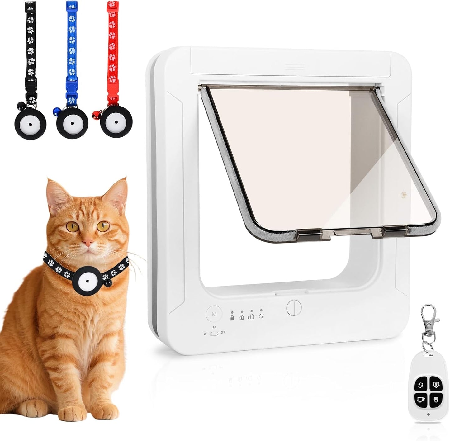Smart Cat Door for Interior & Exterior, Flap Opening is 7.67’’ (H) by 7'' (W), RFID Cat Pet Door with 3 RFID Collar Sensor Keys & 1 Remote & 4 Way Locking Cat Flap, Automatic Opening Cat Door ﻿(White)
