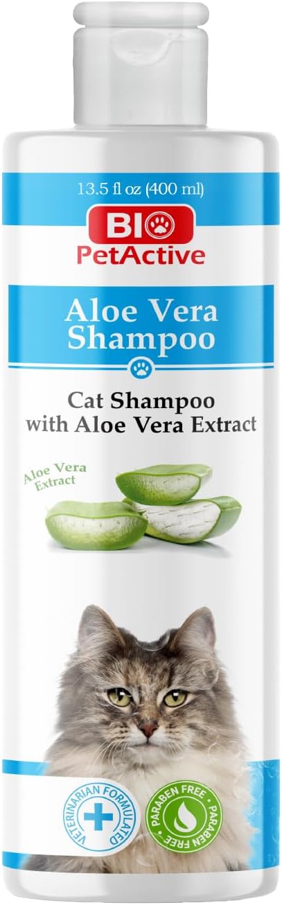 Bio PetActive Cat Shampoo with Natural Aloe Vera Extract | Itch Relief, Sensitive Skin & Coat Care – Deshedding & Moisturizing Formula | Veterinary Formulated, Paraben Free, pH Balanced | 13.53 Fl Oz