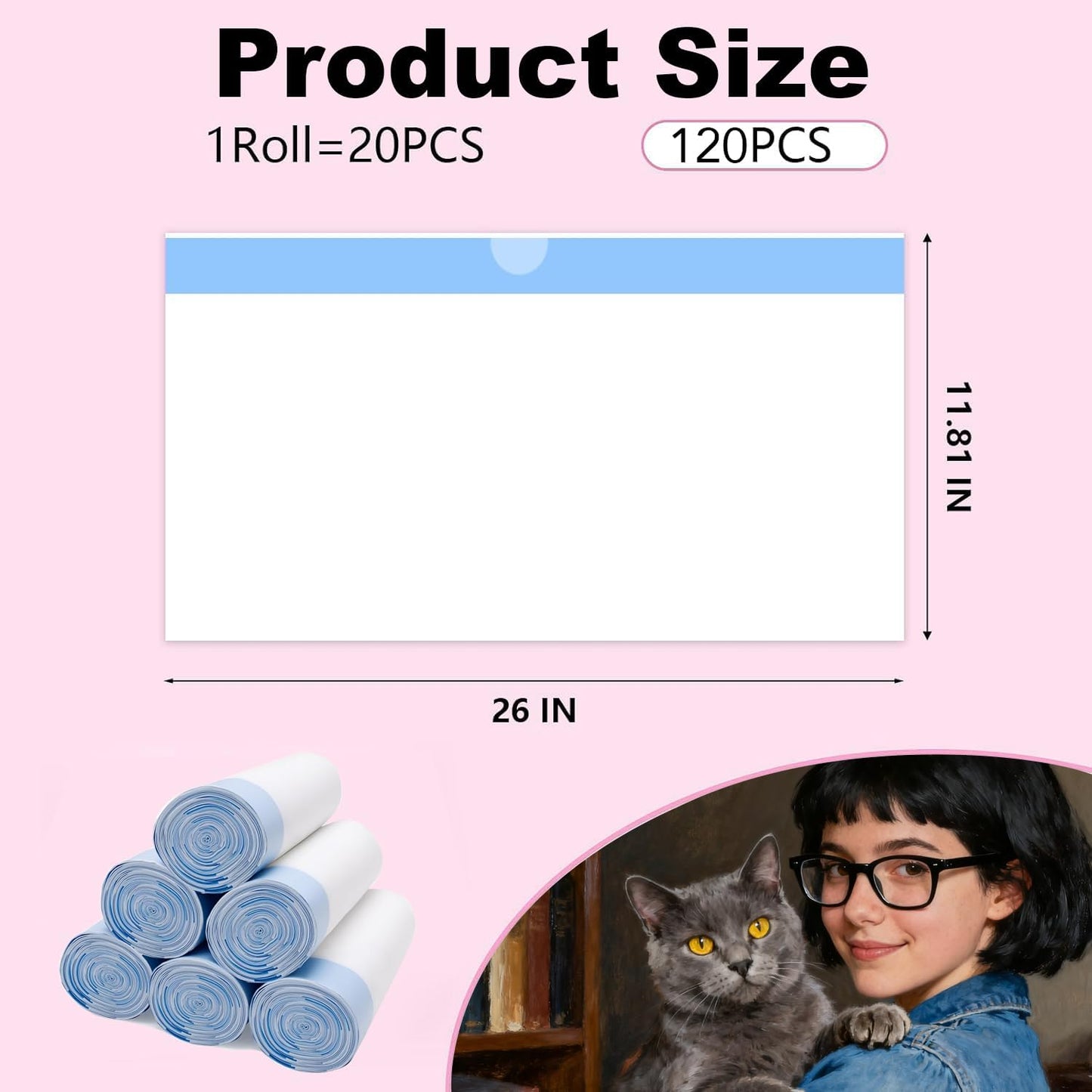 120 Count Cat Litter Box Liners for Fsitego and Fumoi Self Cleaning Litter Box, Extra Thick Heavy Duty Cat Litter Bags Replacement, with Drawstring(26" x 11.8") (20 Count (Pack of 6))