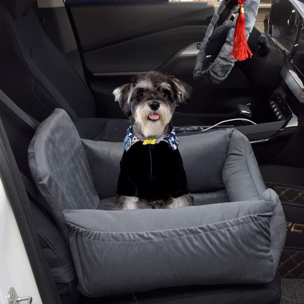 Coo&Dee Dog Car Seat Pet Travel Safety Pet Booster Seat Dog Bed for Car for Small Medium Dogs Under 32lbs with Storage Pockets Fully Detachable Machine Washable Easy Install (Grey Velvet)