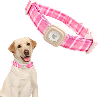 Lionheart Glory Pink Plaid Adjustable Dog Collar with Airtag Holder for Small Dogs