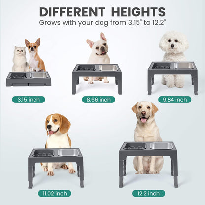Niubya Elevated Dog Bowls, with Slow Feeder Bowl and Stainless Steel Dog Food Bowl, Raised Dog Bowls Adjusts to 5 Heights (3.15", 8.66", 9.84",11.02", 12.2") for Small Medium and Large Dogs
