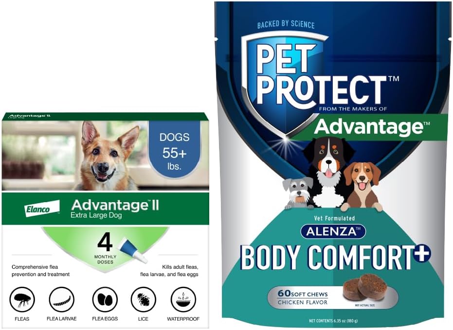 Bundle of Advantage II XL Dog| Dogs Over 55 lbs. | 4-Month Supply + Pet Protect Body Comfort+ Supplement for Dogs | 60 Chews