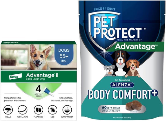 Bundle of Advantage II XL Dog| Dogs Over 55 lbs. | 4-Month Supply + Pet Protect Body Comfort+ Supplement for Dogs | 60 Chews