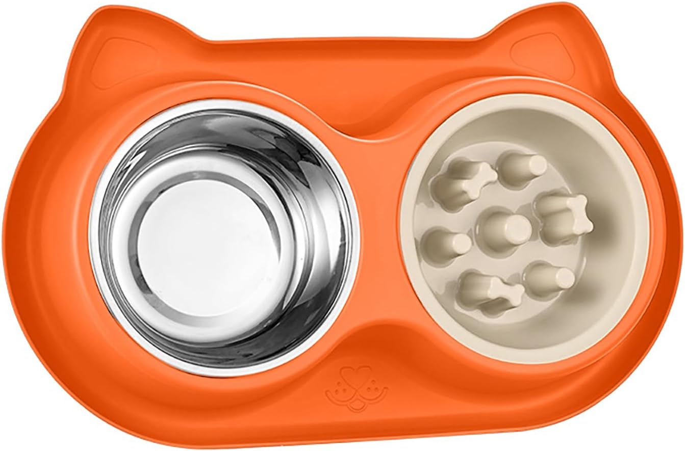 3-in-1 Slow Feeder Dog Bowl Set, Pick Any Color with Non-Slip Mat & Stainless Steel Bowls to Slow Eating for Dogs & Cats(Orange).