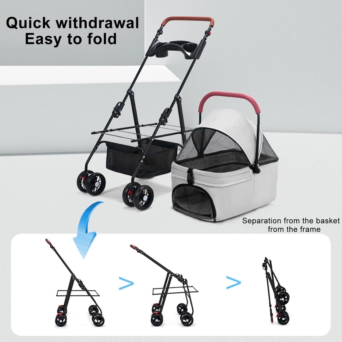 Pet Stroller-Folding 4 Wheels Cat/Dog Stroller for Medium Small Pets with Storage Basket and Cup Holder Suitable for Going Out and Traveling (Grey)