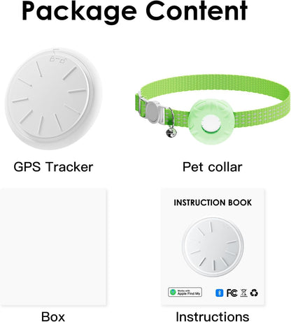 GPS Tracker for Cats, Compatible with Apple Find My App (Only iOS), No Monthly Fee, Waterproof (White Tracker, Green Cat Collar)
