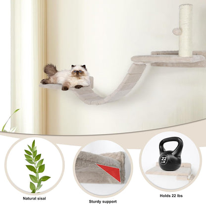 Cat Wall Shelves Climber Systems, Set of 7 Heavy Duty Wall-Mounted Cat Furniture Set with Scratcher Post, Bridge Ladder, Wooden Platform and Hanging Ball for Kittens, Large Cats