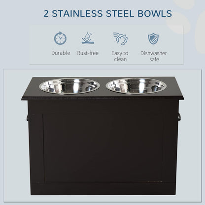 GREAZ Raised Pet Feeding Storage Station for Large Dogs, Improve Comfort and Convenience, with 2 Stainless Steel Bowls, Dark Brown Design