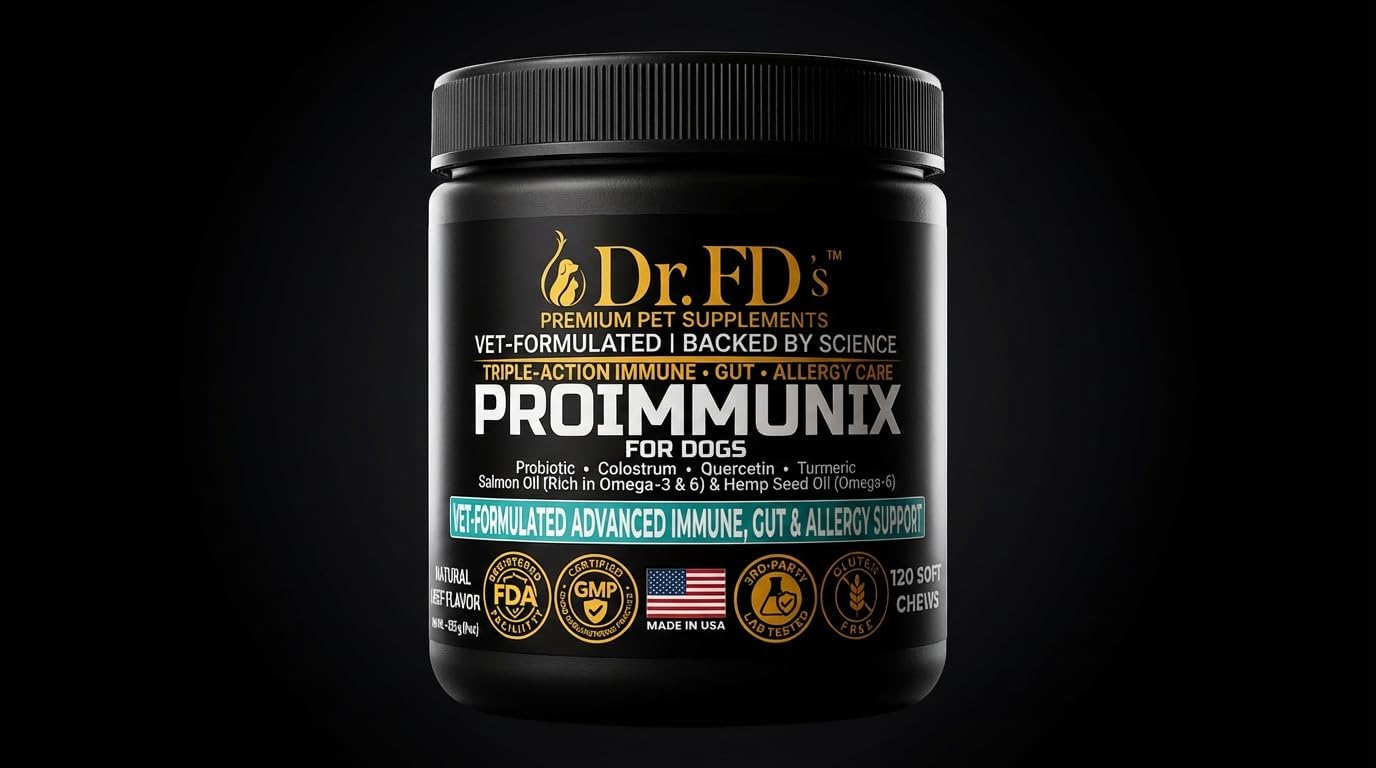Dr. FD’s ProImmunix – Immune & Allergy Support for Dogs | Probiotic + Colostrum for Gut Health, Seasonal Itch & Skin Comfort | Natural Beef Flavor | 120 Soft Chews