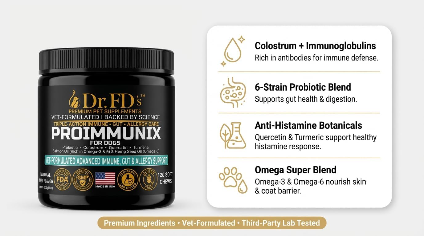 Dr. FD’s ProImmunix – Immune & Allergy Support for Dogs | Probiotic + Colostrum for Gut Health, Seasonal Itch & Skin Comfort | Natural Beef Flavor | 120 Soft Chews