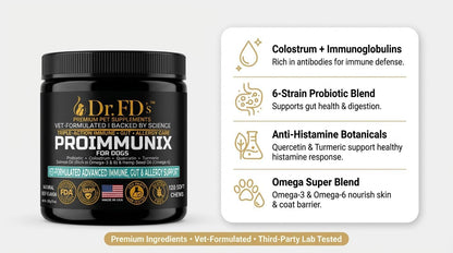 Dr. FD’s ProImmunix – Immune & Allergy Support for Dogs | Probiotic + Colostrum for Gut Health, Seasonal Itch & Skin Comfort | Natural Beef Flavor | 120 Soft Chews