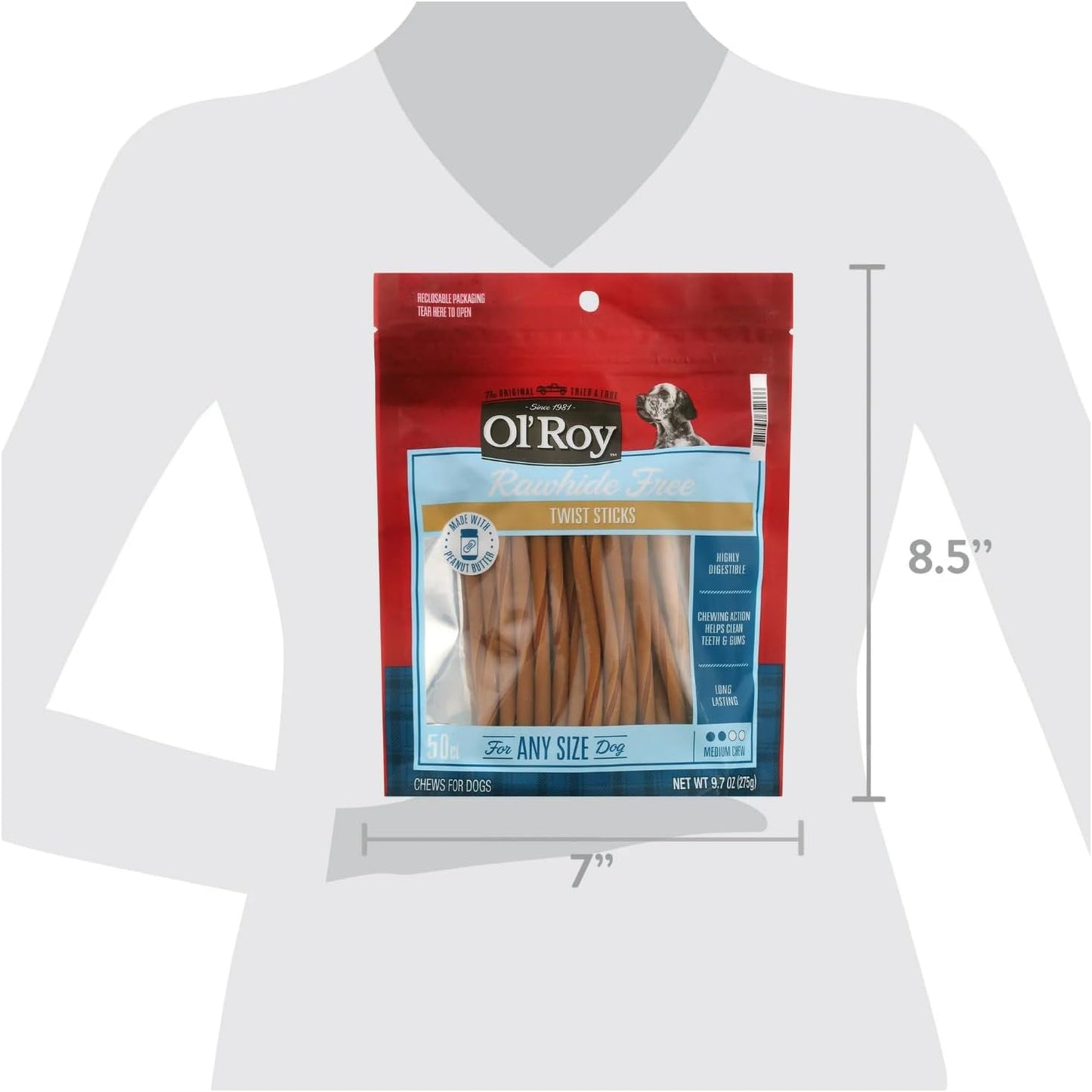 Rawhide-Free Peanut Butter Flavor Twist Sticks for Dogs, 50 Count, 9.7 oz Resealable Bag, Long-Lasting Chews, Highly Digestible, Helps Clean Teeth & Gums, Ideal for Small, Medium & Large Adult Dogs