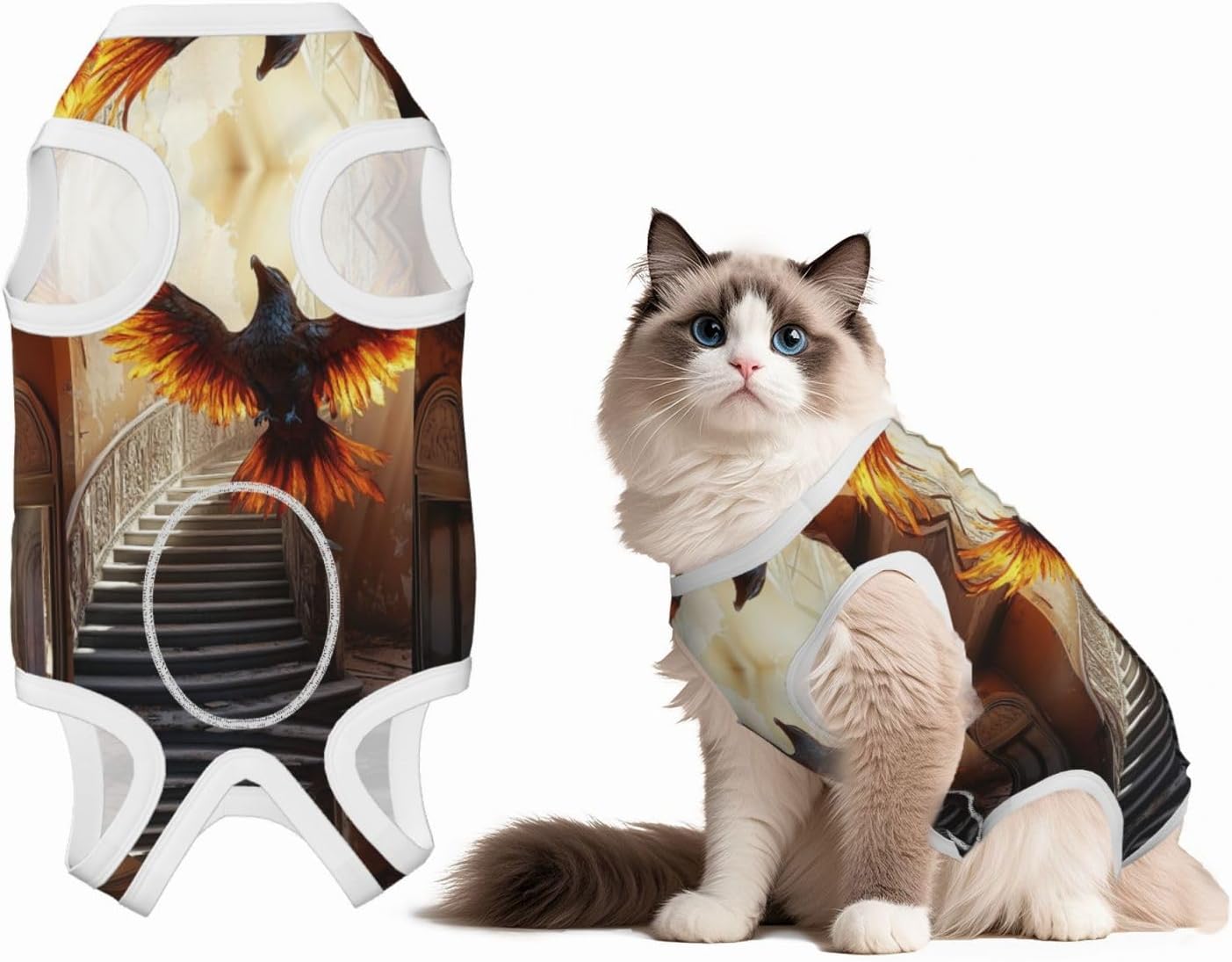 Hot Bird Transformation Illustration Custom Patterned Surgery Suit for Dogs Cat- Post-Surgery Recovery, Wound Care, and Anxiety Relief - Soft Cotton Dog Pajamas with Full Belly Coverage Medium