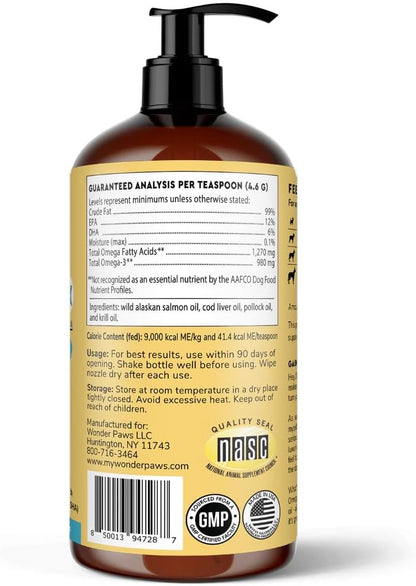 Wonder Paws Fish Oil for Dogs - Omega 3 for Dogs from Alaskan Salmon, Cod & Krill Oil - EPA DHA Fatty Acids - Less Shedding & Itching - Skin, Joint, Immune & Heart Health - Liquid Supplement (32 oz)