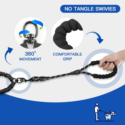 Double Dog Leash, Dual Dog Leash, 360° Swivel Tangle Free Bungee Walking Training for Large Medium Dogs, Shock Absorbing Bungee Reflective for Two Dogs, 18~120 lbs, Black