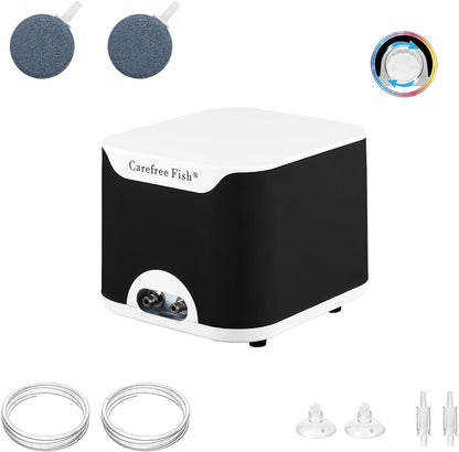 Carefree Fish 5/10W Aquarium Air Pump Dual Outlets Super Quiet Oxygen Pump with 6Ft Silicone Anti-Shedding Tubing and 2 Bubble Stones