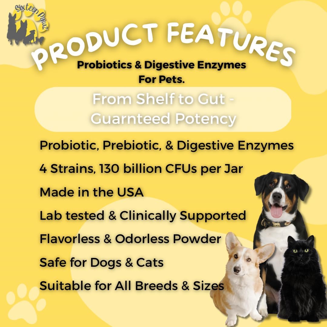 Dog & Cat Probiotics, Prebiotics, & Digestive Enzymes – Flavorless Powder for Gut Health, Allergies, Itchy Skin, Gas & Diarrhea – Organic, Vet-Approved – 65g Bottle (Up to 65 Servings)