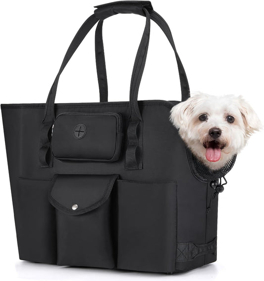 SlowTon Dog Purse Carrier - Portable Dog Carrier with Pockets & Safety Leash for Small Dogs Under 12 lbs, Breathable Pet Tote Bag for Cat Rabbit Outing, Travel, Vet (Black)