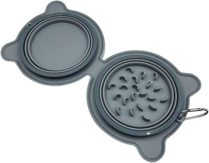Portable Collapsible Dog Bowl, 2-in-1 Double-Sided Slow Feed Pet Dish with Non-Slip Base & Carabiner, for Hiking, Camping, Travel (Gray)