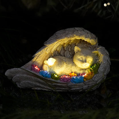 Cat Memorial Stone,Solar Angel Cat Statue Figurine - Pet Memorial Stone for Garden or Tombstone Commemoration (cat)