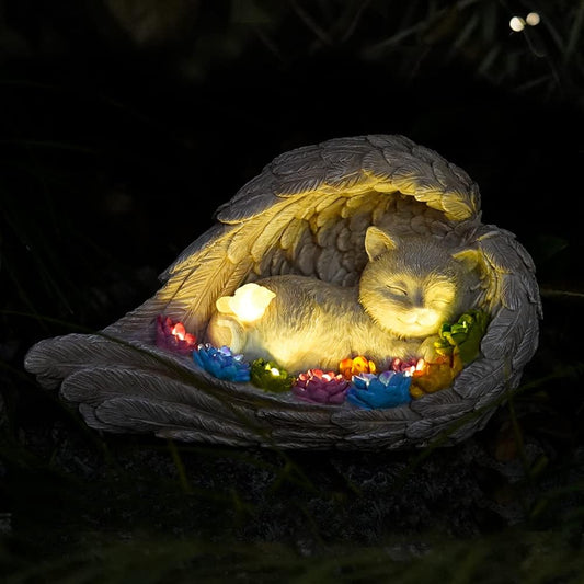 Cat Memorial Stone,Solar Angel Cat Statue Figurine - Pet Memorial Stone for Garden or Tombstone Commemoration (cat)